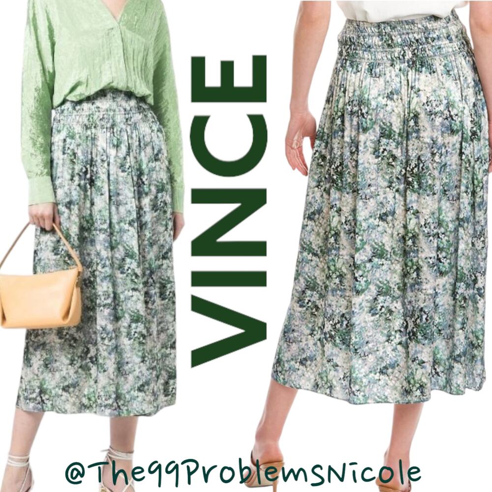 Vince Painted Floral Smocked Skirt with pockets